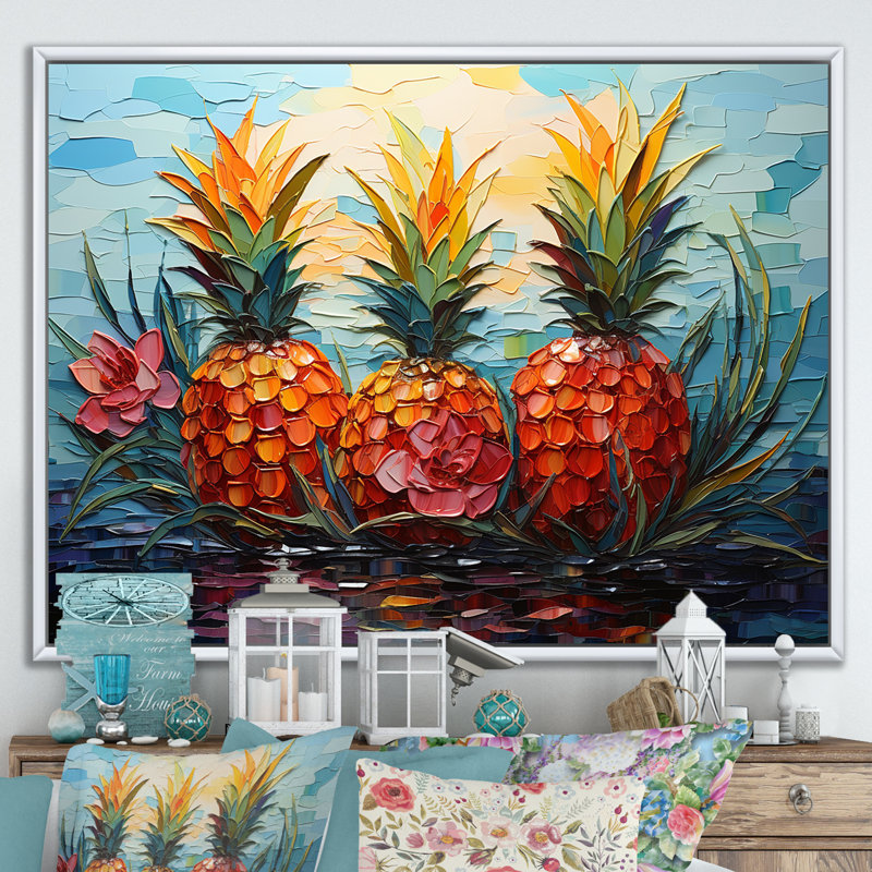 Pineapple Pond, mosaïque sur toile, Cadre flottant blanc, H 16 po x l 32 po x P 1 po