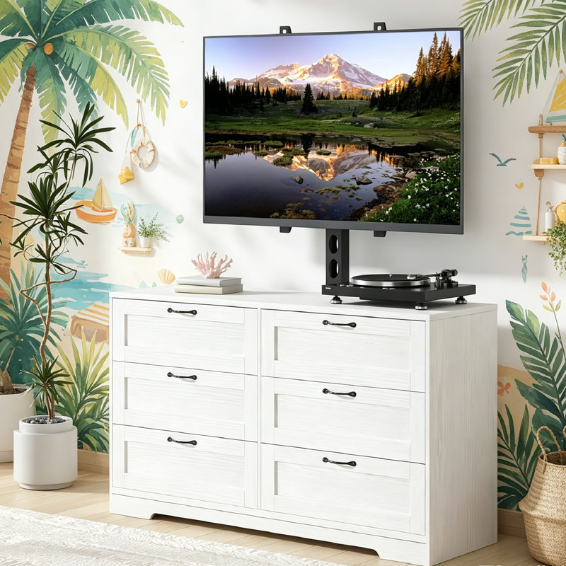 Meuble télé avec support et 6 tiroirs de rangement pour téléviseurs de 32 à 65 pouces, meuble audio-vidéo blanc pour chambre à coucher, salon, console multimédia en bois moderne avec support à hauteur réglable comme commode télé.