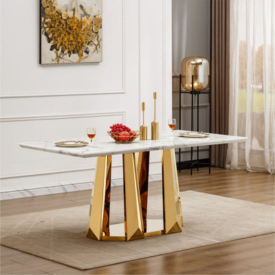 Table de salle à manger en marbre pour 6 personnes, table de salle à manger rectangulaire en faux marbre 70 po avec base en acier inoxydable à finition miroir, table de cuisine moderne en marbre de grande taille
