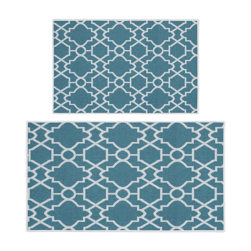 Devlen Geometric Non-Skid Kitchen Mat, Teal