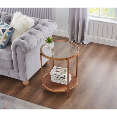 Modern Round Wood End Table with Glass Top & Metal Frame