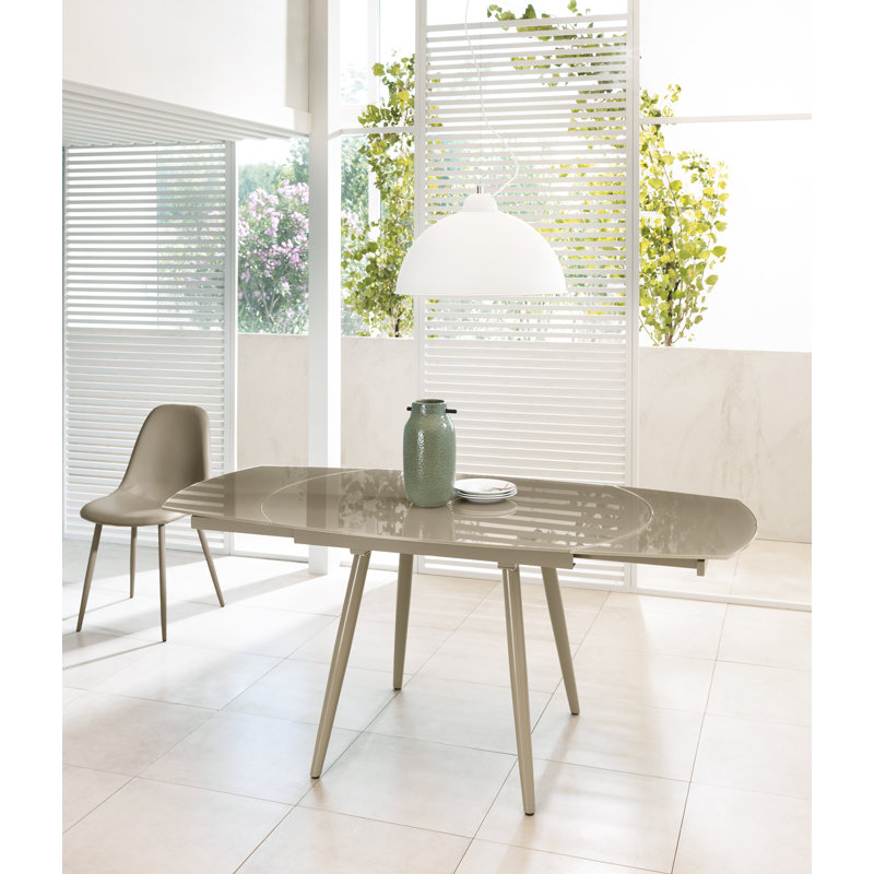 Briones Extendable Oval Glass Top Metal Base Dining Table, Dove Grey