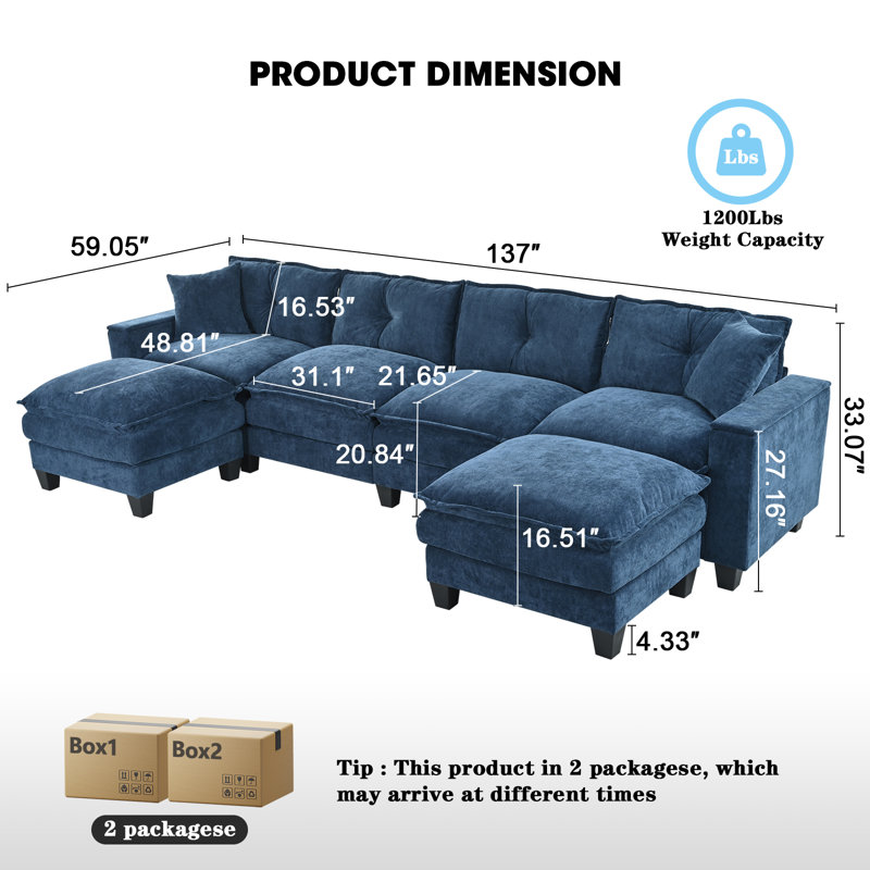 Canapé modulaire en forme de U de 137 po avec repose-pieds et accoudoirs de rangement, Polyester bleu