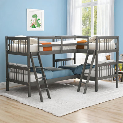 Lit superposé simple en forme de L peu encombrant, gris doux en bois massif, conception séparable pour les chambres familiales et les soirées invités