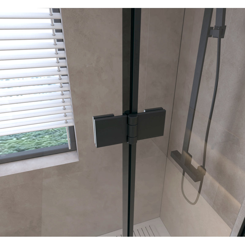 Porte de douche pliante, verre trempé de 1/4 po (6 mm), cadre en aluminium noir mat, film antidéflagrant