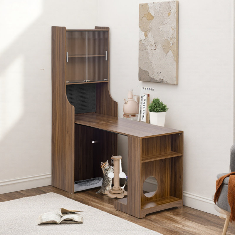 Mid-century Multi-use Extenable Cabinet Desk With Storage Peg Board, Storage Cabinet With Sliding Glass Doors, Led Light, Free Cat Cushion And Cat Toy