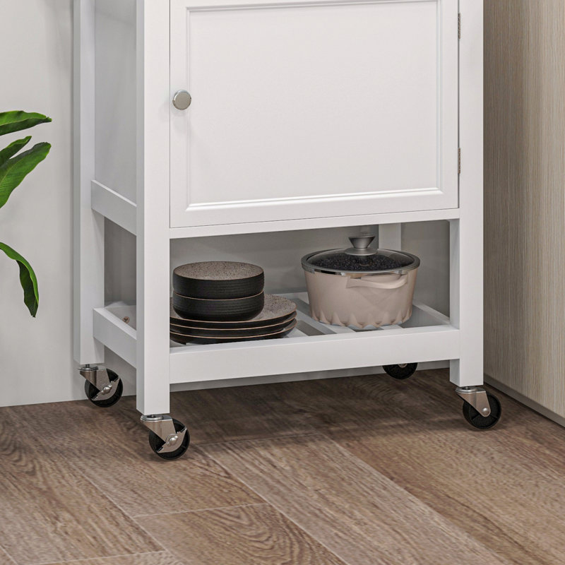 Utility Kitchen Cart, Rolling Kitchen Island with Smooth Rubberwood Top, Narrow Butcher Block Surface on Wheels with Storage Drawer & Cabinet, White