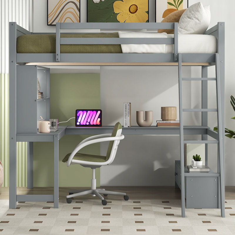  Lit mezzanine double avec bureau en L, station de charge USB et banc de rangement avec compartiments latéraux, gris, Gris