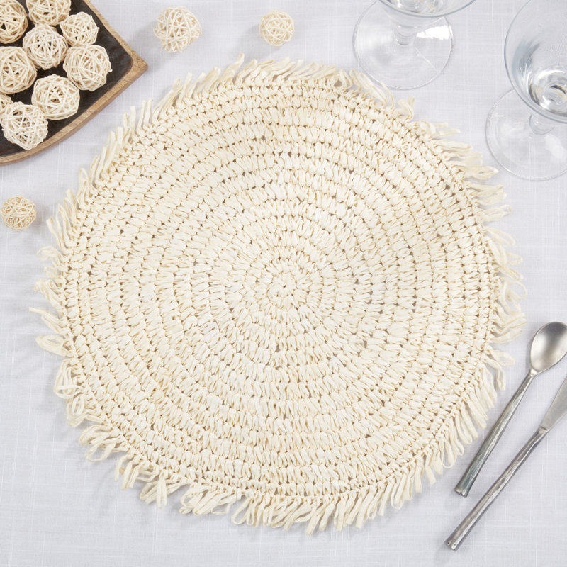 Kiri Collection 100% Paper Raffia No Pattern Round Placemat, Ivory