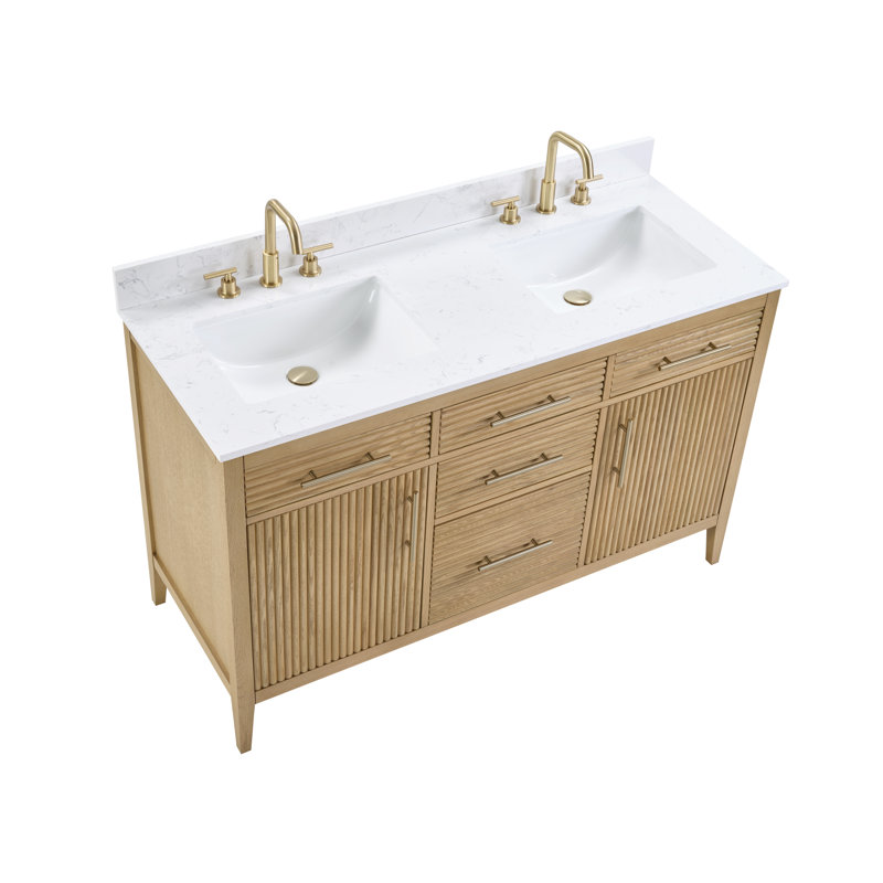  Felix 55" Fully Assembled Double Bathroom Vanity Set With Solid Surface White Granite Top and Backsplash