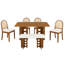 Ensemble de table de salle à manger à piédestal double moderne 6 pièces, 4 chaises rembourrées à dossier en rotin et banc pour 6 personnes, noyer-640609668-640609671-640609666