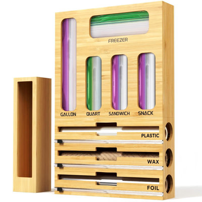 Organisateur de pellicule en plastique et en feuille de bambou 9 en 1, organisateur et rangement de sac en plastique, organisateur de sac de rangement des aliments