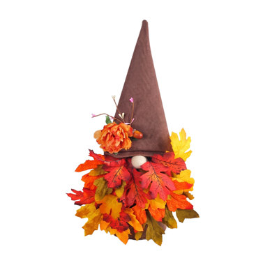 Couronne de Noël d'automne de 50 cm (19,69 po) avec gnome, feuilles d'érable, chapeau en tissu et fleur artificielle. Décoration murale sans visage pour la porte d'entrée (Thanksgiving).