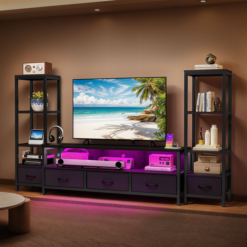LED Entertainment Center With 2 Bookcases & Charging Ports, Black