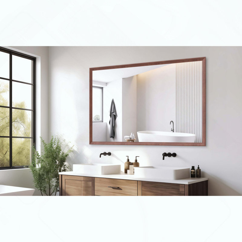 Miroir de salle de bain rectangulaire surdimensionné avec cadre en noyer, 60 po x 40 po, Noyer
