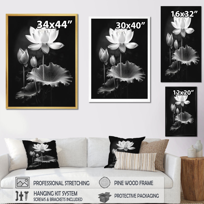 Symphonie de lotus gris gris I, Cadre simple blanc, H 40 po x l 30 po x P 1,5 po