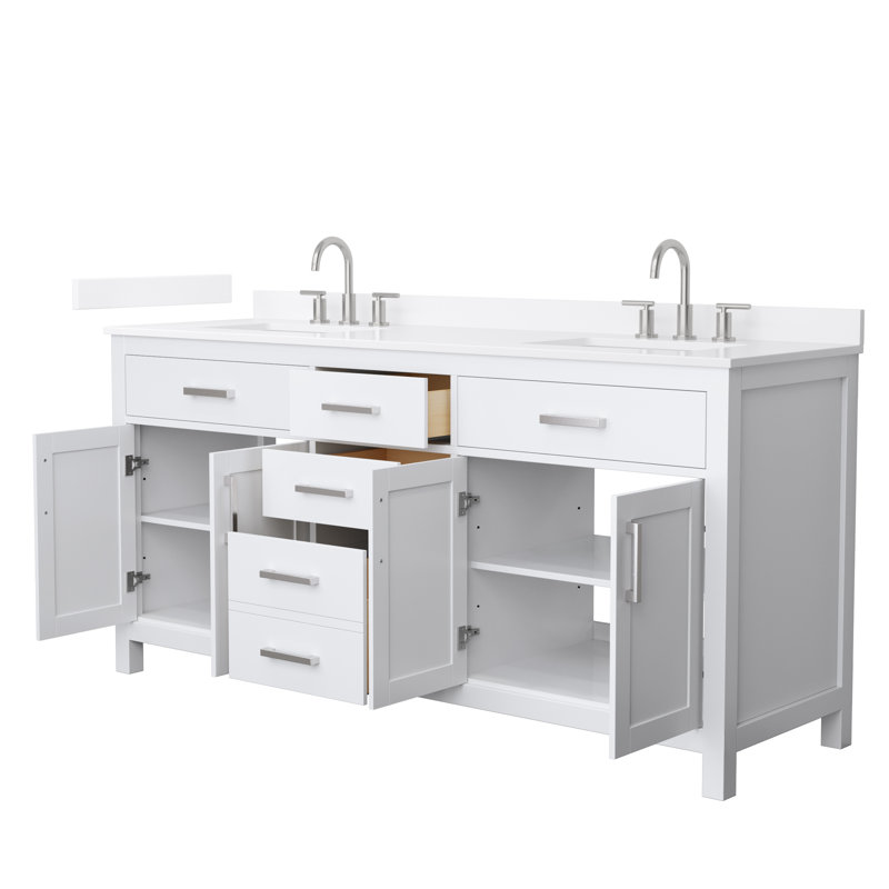 Beckett 72" Freestanding Double Bathroom Vanity with Quartz Top, White, Brushed Nickel, White Quartz