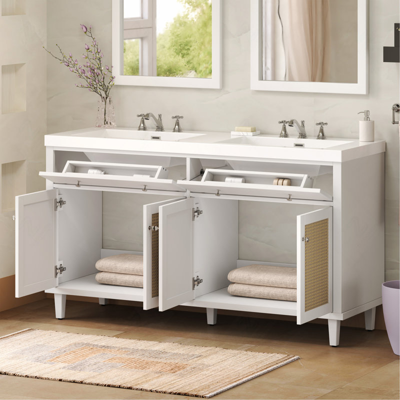 Meuble-lavabo de 60 po avec lavabo double, grand espace de rangement avec 2 plateaux rabattables / 4 tiroirs rabattables et 4 portes à fermeture douce, pieds en bois massif et métal argenté, blanc
