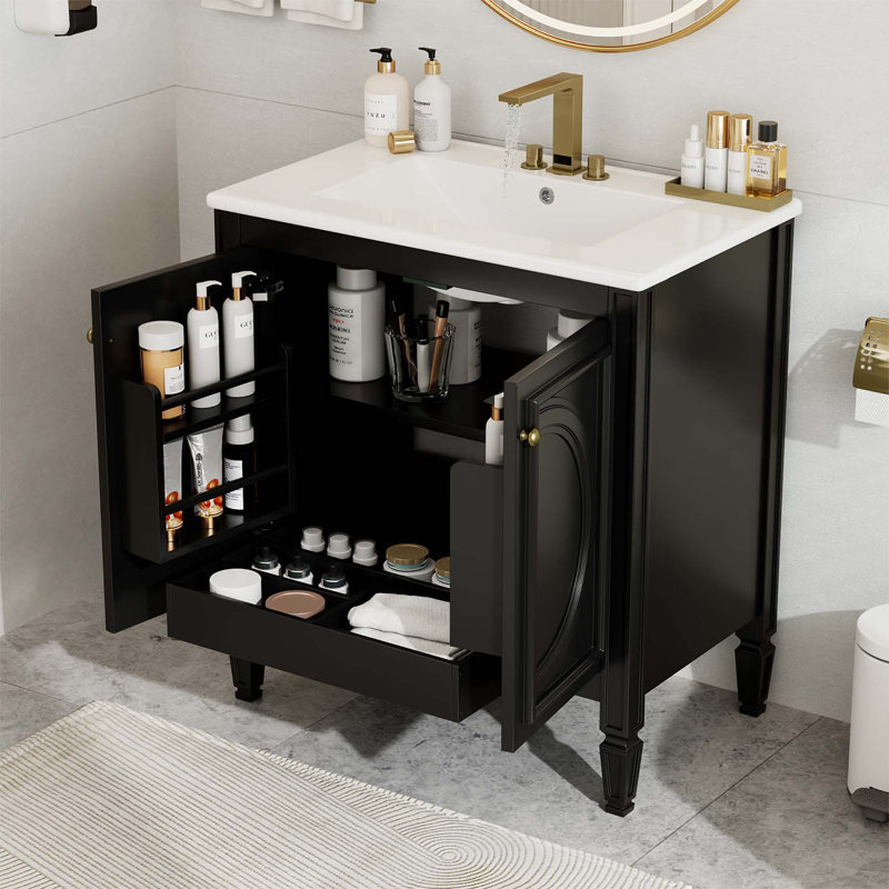 Meuble-lavabo de salle de bain avec lavabo, deux portes avec tablette, Noir, noir, noir, noir