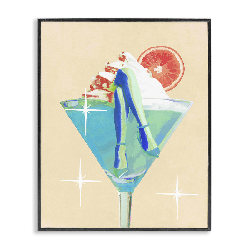 Cocktail avec pieds croisés, art giclée sur toile, design par Lil 'Rue, H 14 po x l 11 po, Giclée encadrée noir minuit