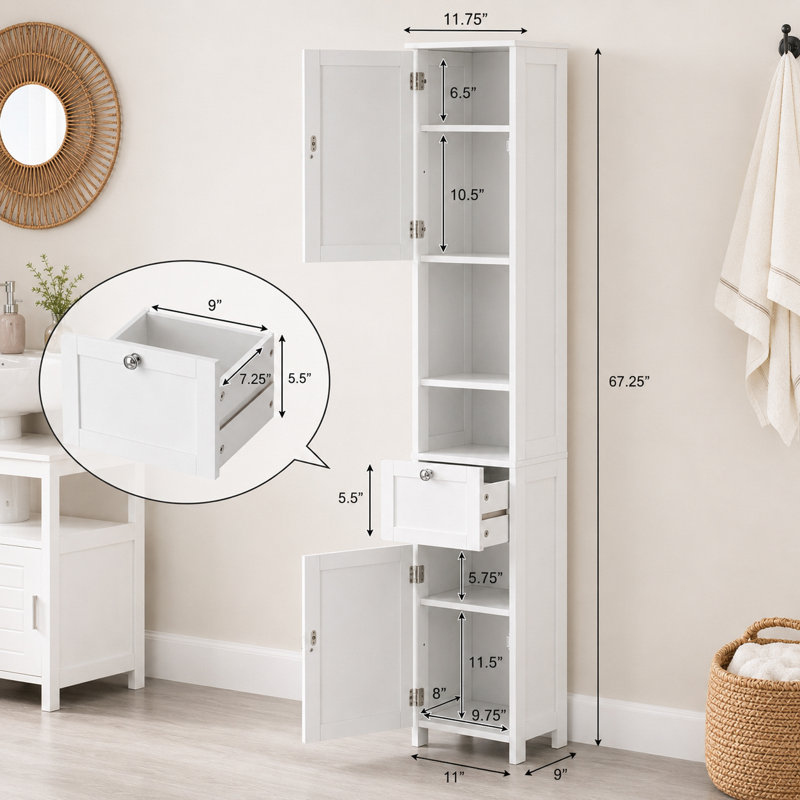 Armoire de salle de bain sur pied l 11,75 po x H 67,25 po x P 9 po Terrence