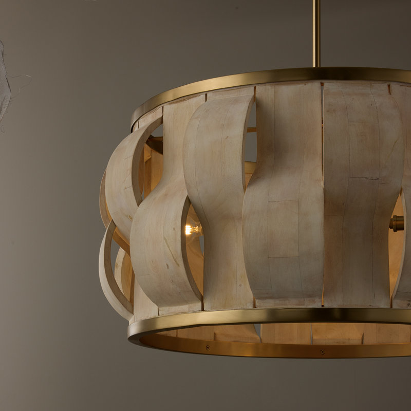 27" W x 13.5" H 4-Light Handcrafted Drum Pendant in Matte Brass with Hand-carved Bleached Mango Wood Panels, 27"W x 13.5"H