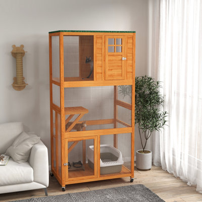 Enclos à chat orange en bois 74 po, maison d'extérieur à roulettes pour grands chats, abri Delight grande couleur