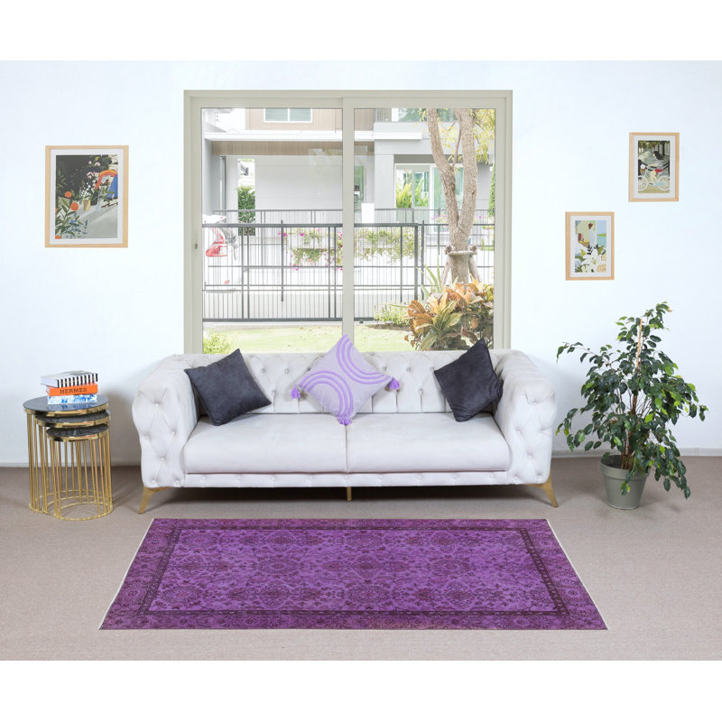 Tapis mauve 3,7 x 6,8 pi à motif floral pour intérieurs modernes noué à la main en Turquie