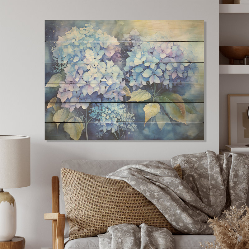 Blue Hydrangea Farmhouse Still Life I - Hydrangea Wood Wall Art On Natural Pine Wood, 10" H x 20" W