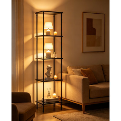 Lampe sur pied d'angle à 5 niveaux avec tablettes, éclairage à DEL à intensité variable avec télécommande et commande au pied, température de couleur réglable et minuterie pour le salon, lampe sur pied avec structure en métal robuste