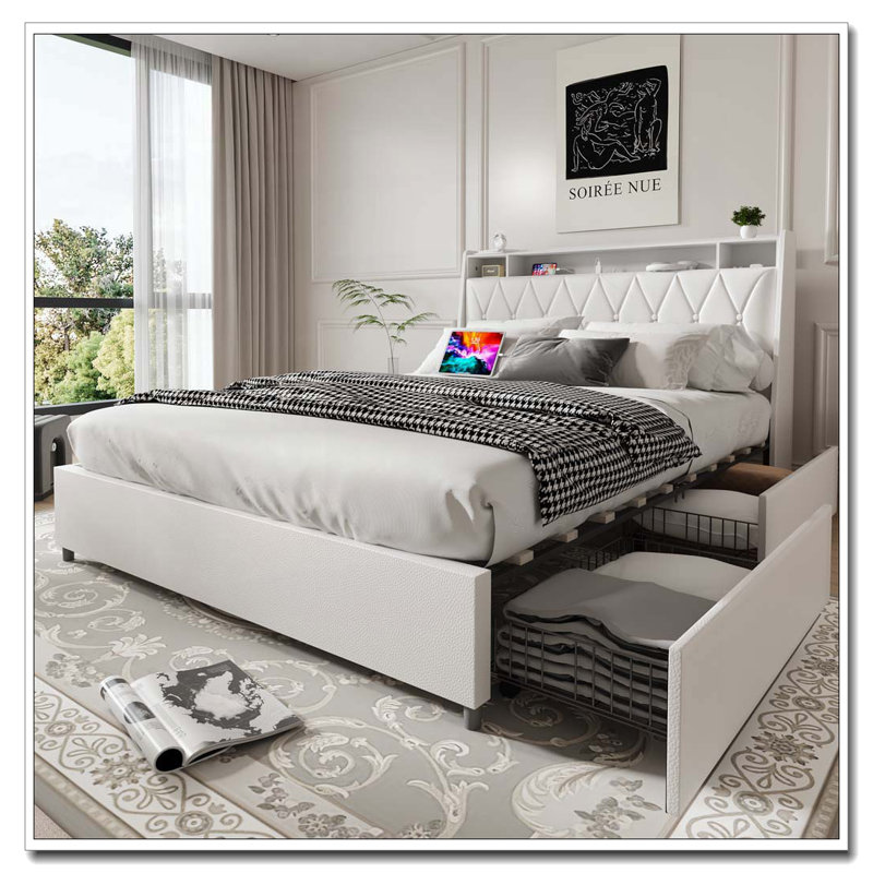 Structure de lit double avec tablette de rangement, Blanc, Lit double