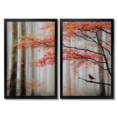 «Autumn Forest Morning Dew In Quebec - Forest», reproduction d'art sur toile, nature rouge, 2 pièces