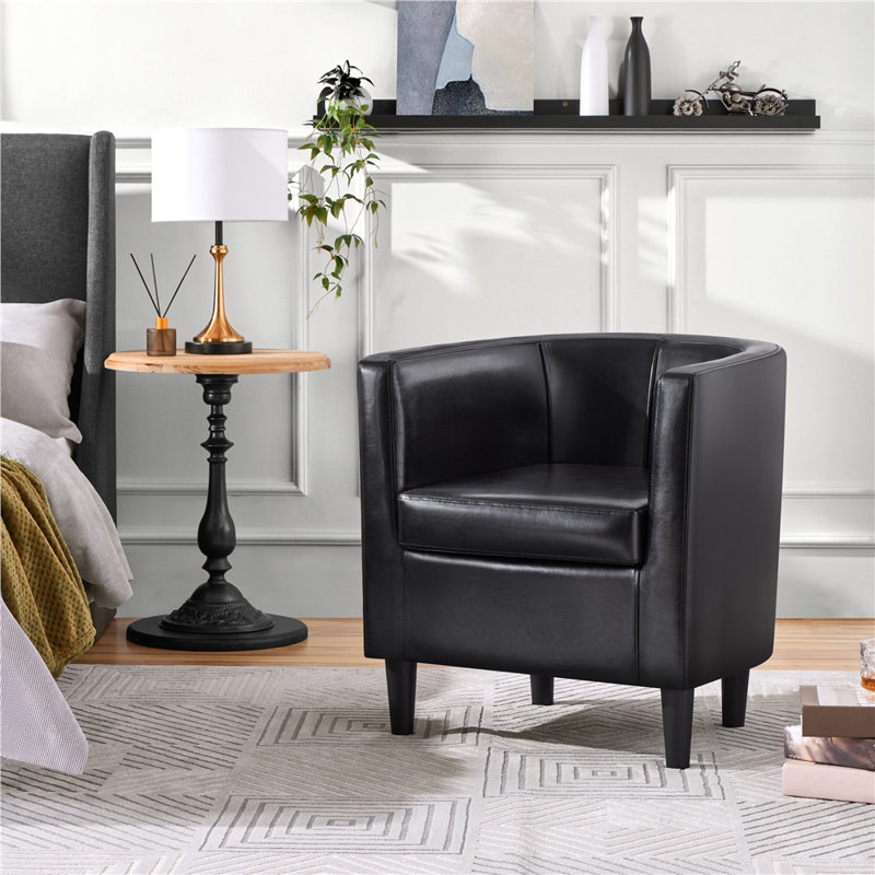 Faux Leather Barrel Chair, Upholstered Accent Chair, Black