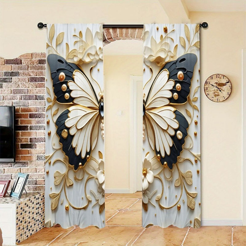 2Pcs Butterfly Pattern Curtains, Black Gold White Flowers, Rod Pocket Window Drapes, Luxurious Modern Style, Living Room Bedroom Study Window Decor
