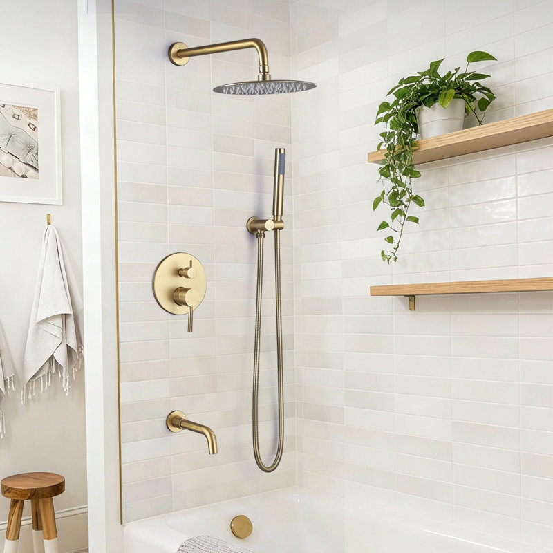 10" Solid Brass Wall Mounted Pressure Balance Complete Shower System With Tub Spout, Brushed Gold