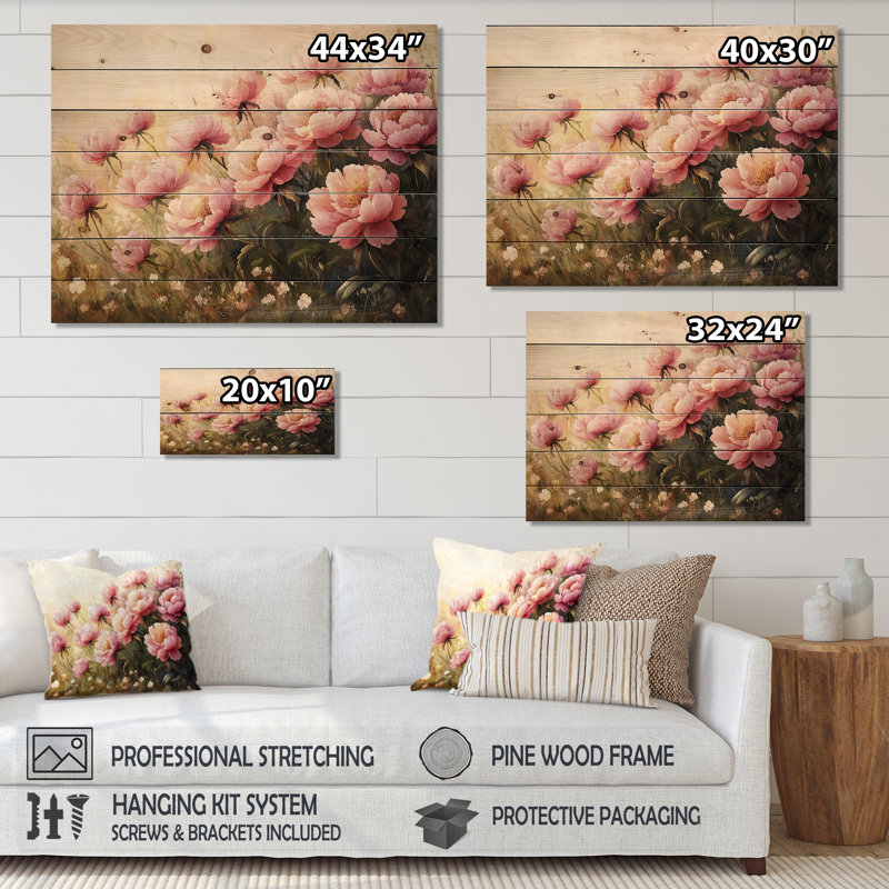 Peonies In The Windswept Field II - Peonies Wood Wall Decor - On Natural Pine Wood, 30" H x 40" W x 0.78" D