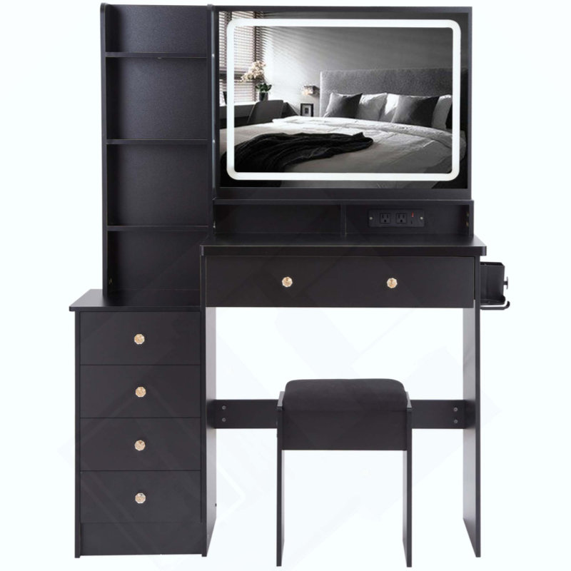 Ensemble de meuble-lavabo de grande taille avec commode de chevet gauche + ensemble de commode avec tabouret coussiné, 2 blocs d'alimentation AC + 2 USB, support pour séchoir à cheveux, très grand miroir à DEL tactile, interrupteur 3 couleurs, certificat EPA, GCC, UL