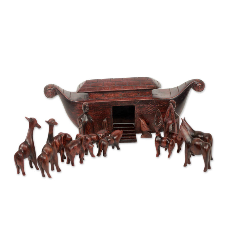 15 Piece Hand Carved Teakwood Noah's Ark Figurine Set