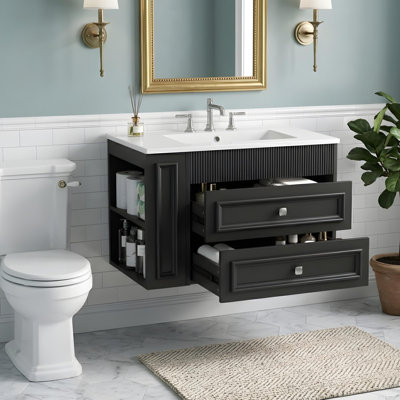 Meuble-lavabo mural avec tiroirs et tablettes