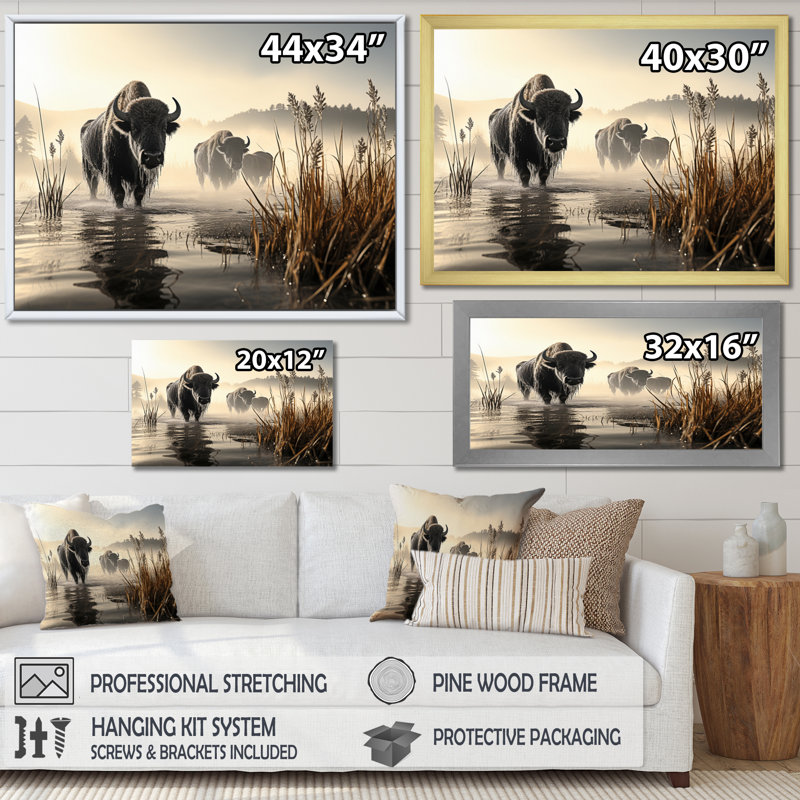 «Gray Buffalo Misty Morning Grazing I», reproduction d'art sur toile, Toile tendue, H 30 po x l 40 po x P 1,5 po