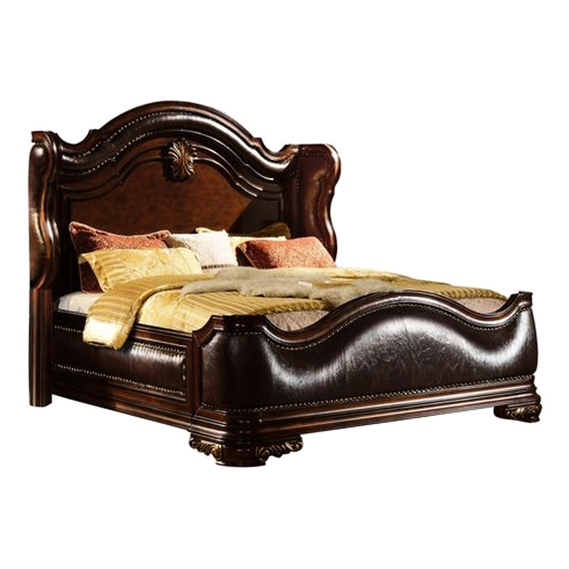 Chambre traditionnelle 5 pièces (taille Queen) en noyer foncé : tête de lit capitonnée, commode à 9 tiroirs, 3 tables de chevet, commode avec miroir intégré et plateau en marbre.