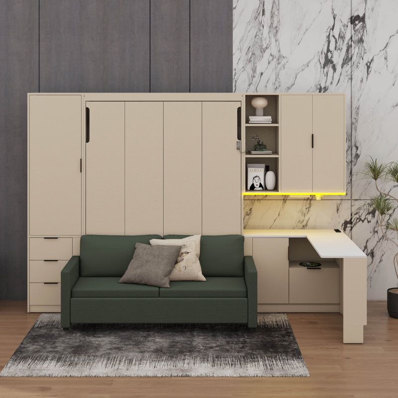 Grand lit escamotable avec canapé, bureau, tablettes et tiroirs, Beige