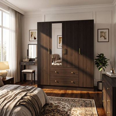 70.9" H 4-Door Freestanding Wardrobe Closet with Hanging Space, Shelves and Drawers for Bedroom Storage