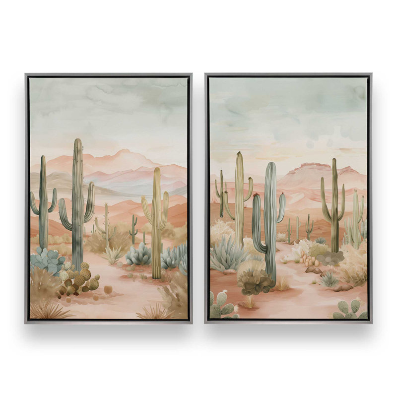 Ensemble de 2 impressions sur toile Cactus Waltz, H 30,75 po x l 41,5 po x P 1,75 po, Cadre flottant en chrome poli