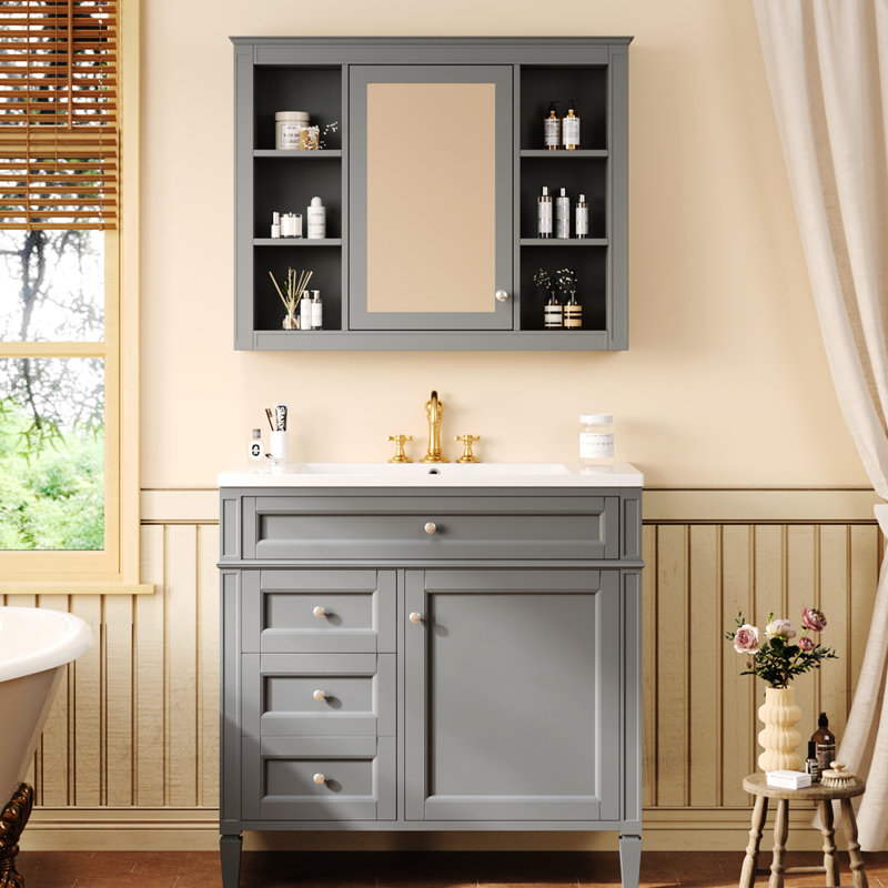 Meuble-lavabo de 36 po avec miroir et rangement polyvalent, lavabo rectangulaire simple, mécanisme à fermeture en douceur, 4 tiroirs, construction, pré-percé pour robinet, matériaux, conception de déversement gris moderne