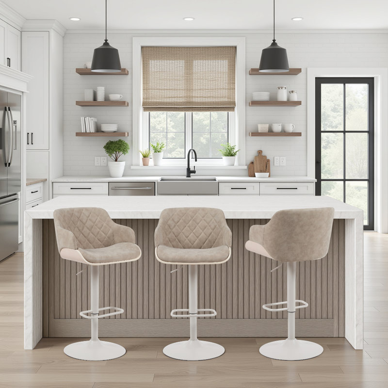 Jaxxon Swivel Adjustable Height Barstool with Metal Base in Wood, and Faux Leather, Gray, Beige