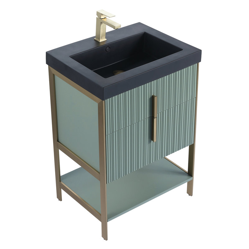  Meuble-lavabo moderne avec plateau en gel acrylique noir Serenity, Laiton / menthe, 24", Noir