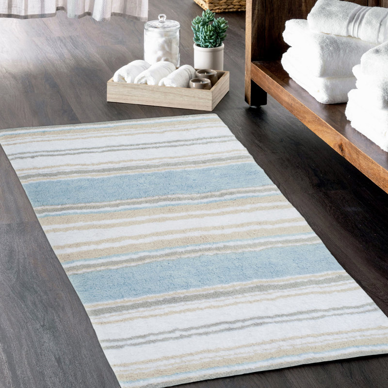Lermitage Bath Rug, 21"W x 34"L, Blue/Beige/White