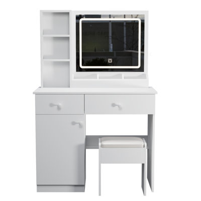Fashion Vanity Desk with Mirror and Lights for Makeup, Vanity Mirror with Lights and Table Set with 3 Color Lighting Brightness Adjustable, 2 big Draw