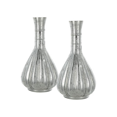 Glass Decorative Flower Vase With Vertical Stripe Pattern - Set of 2 - 5"Dia. x 10" - Antique Silver